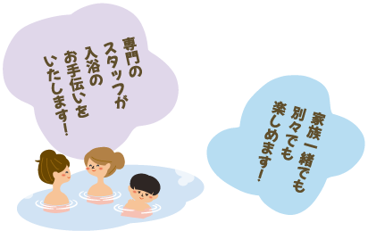 専門のスタッフが入浴のお手伝いをいたします！、家族一緒でも別々で楽しめます！