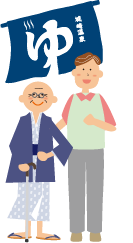 親子がお風呂場の暖簾をくぐっているイラスト